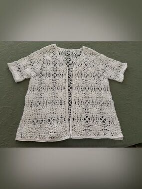 Vintage White Hand Crocheted Open-Front Cardigan
